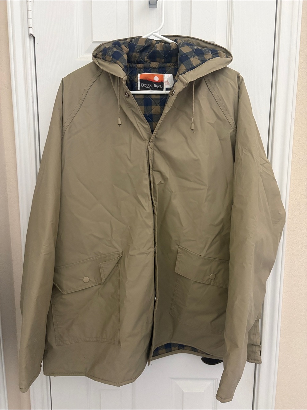 Ozark Trail Hooded Tan Raincoat with Plaid Lining